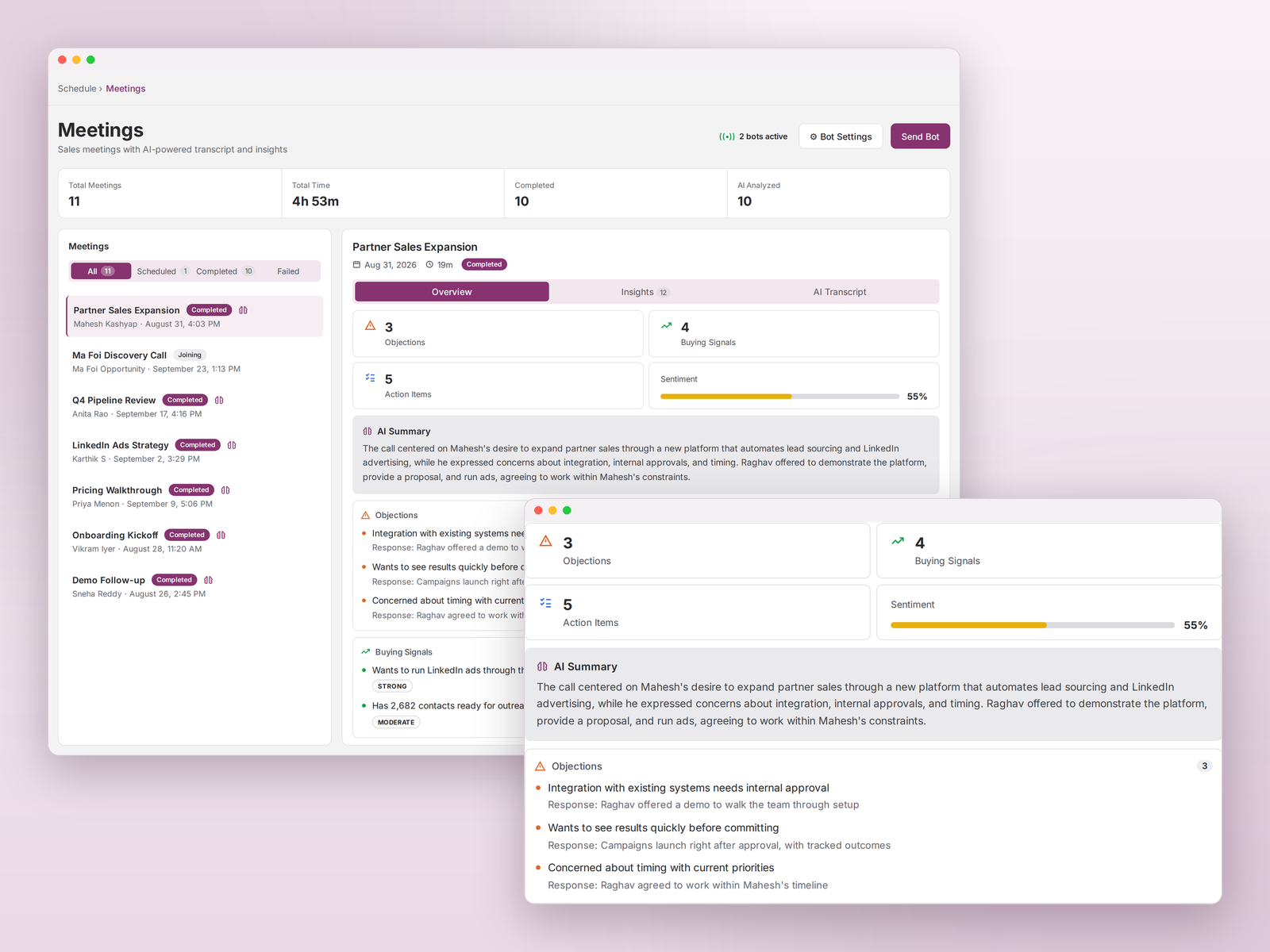 IntoLeads Meetings screen with a list of recorded meetings and a Partner Sales Expansion overview showing 3 objections, 4 buying signals, 5 action items, 55% sentiment, an AI summary, and objections with recommended responses