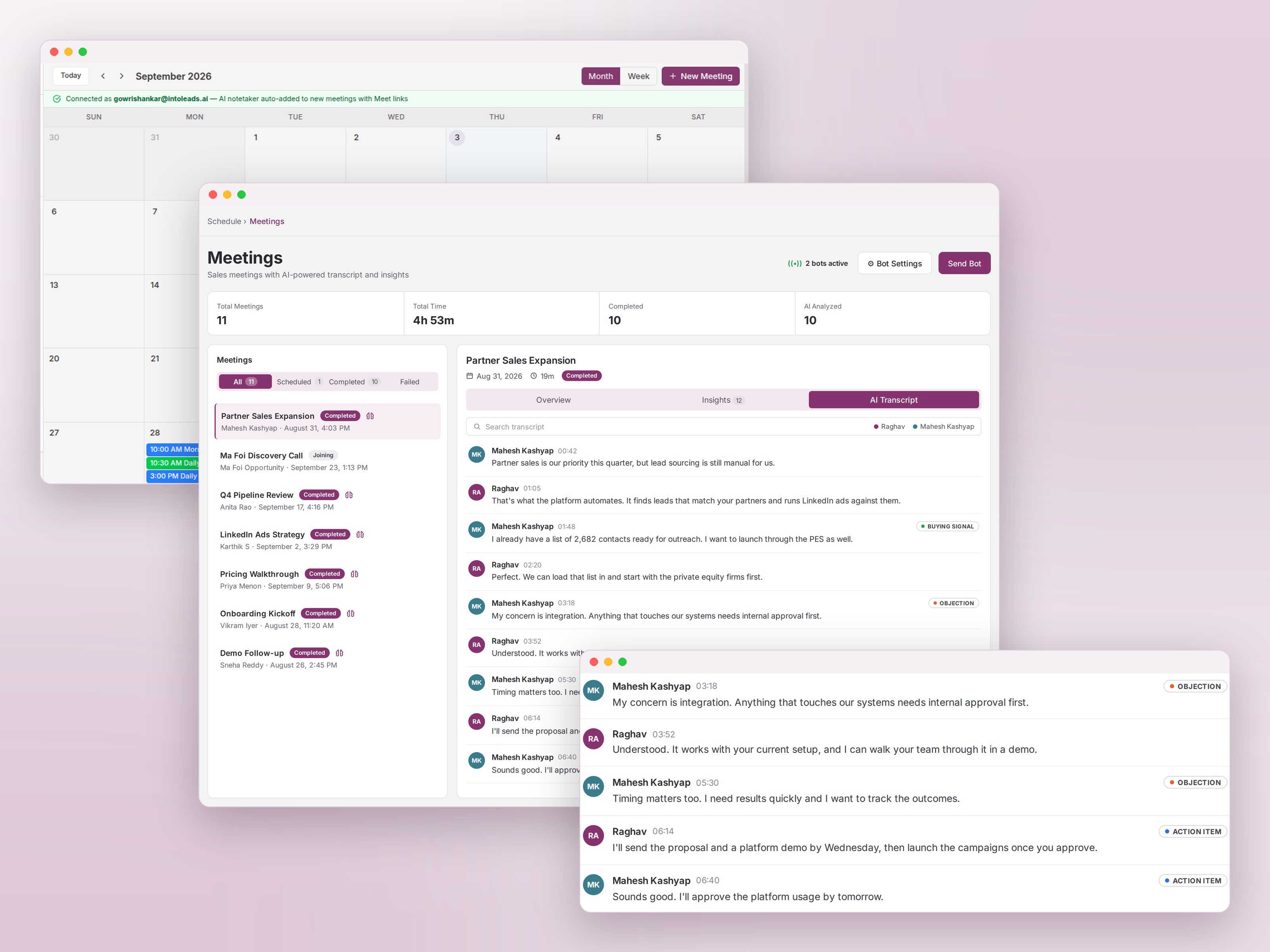 IntoLeads Meetings screen with a month calendar, a meetings list, and the Partner Sales Expansion AI transcript with speaker labels and objection, buying signal and action item tags