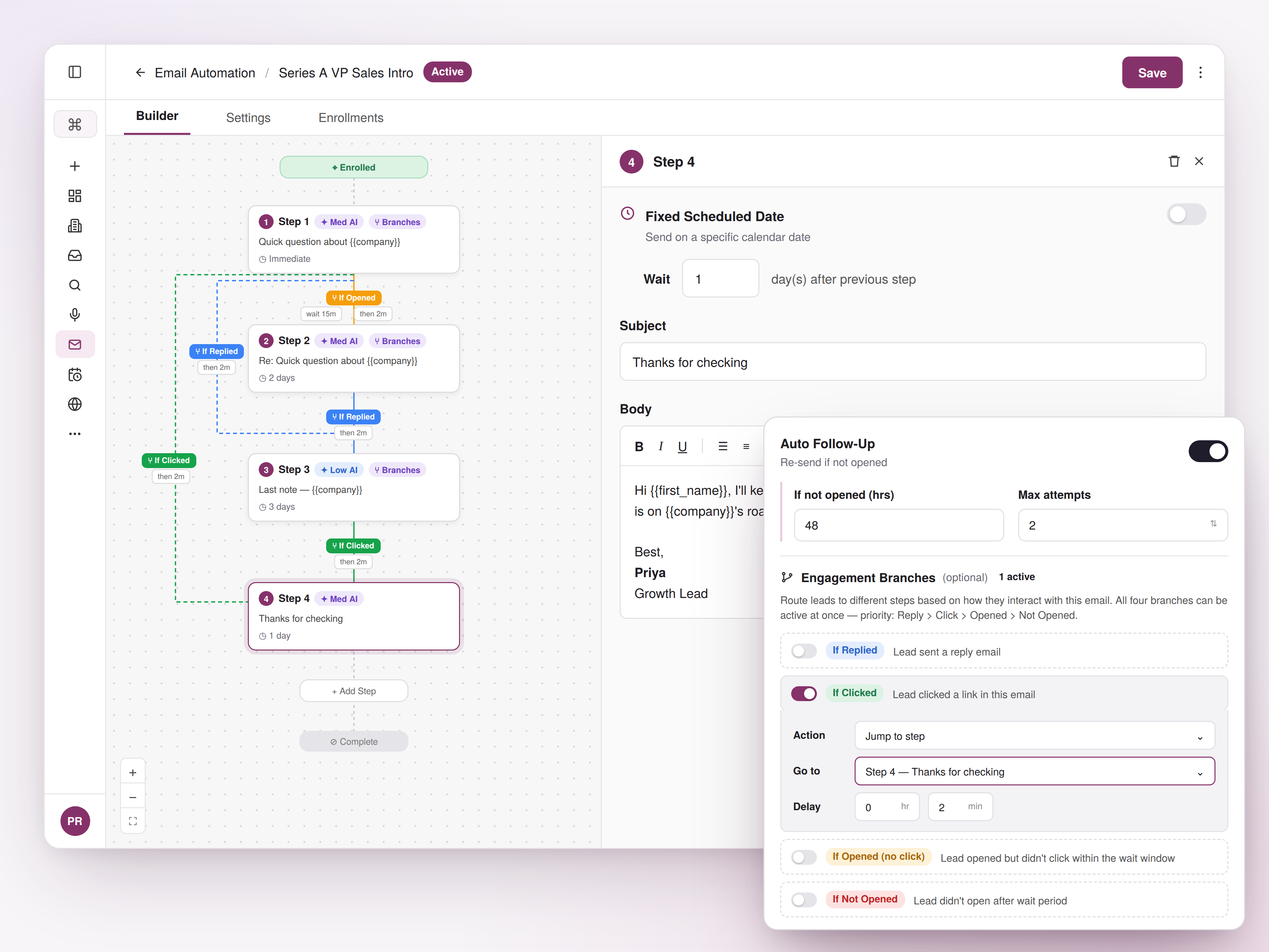 IntoLeads sequence builder for a Series A VP Sales Intro campaign, showing four email steps connected by if-replied, if-clicked and if-opened branches, with a Step 4 editor and an Auto Follow-Up panel for engagement branch rules