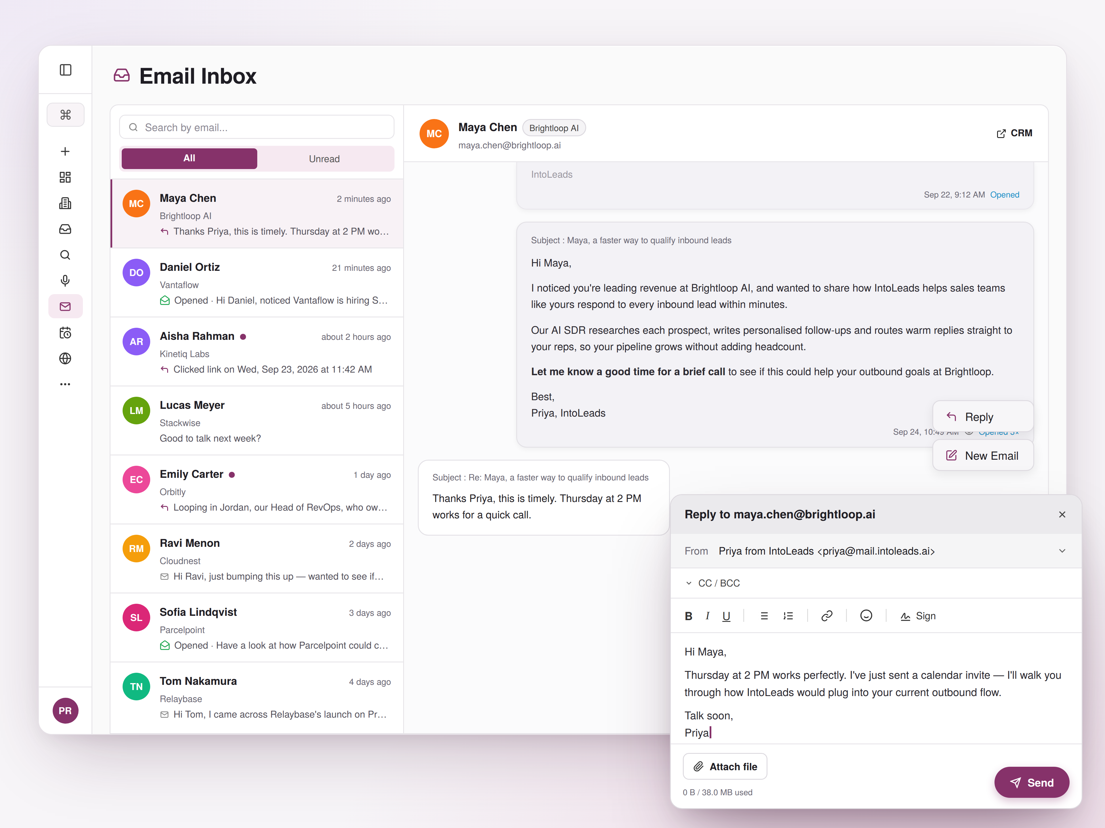 IntoLeads email inbox listing lead conversations with read and unread filters, an open thread with Maya Chen at Brightloop AI showing a sent outreach email and her reply, and a reply composer with formatting tools, attach file and send button